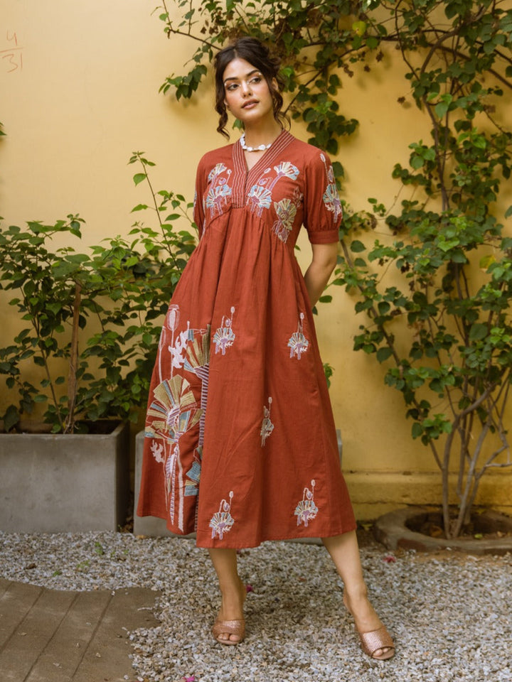 Viva Rust embroidery Cotton Dress