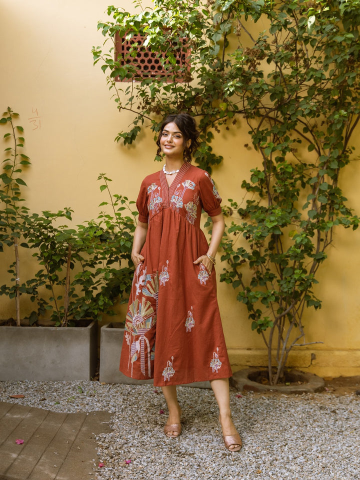 Viva Rust embroidery Cotton Dress
