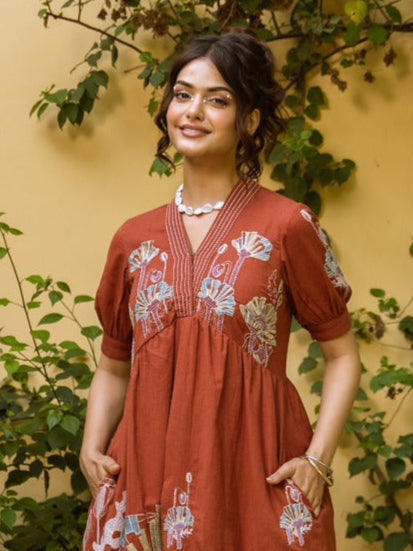 Viva Rust embroidery Cotton Dress