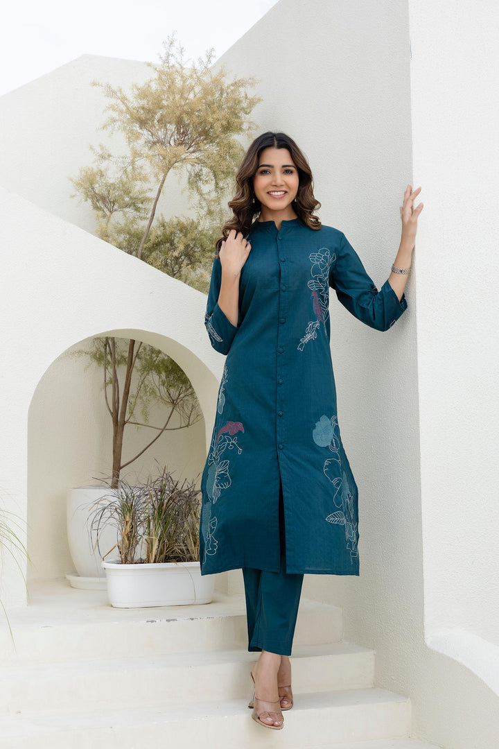 Mokabara Fern Embroidered Cotton Kurta Pant Set