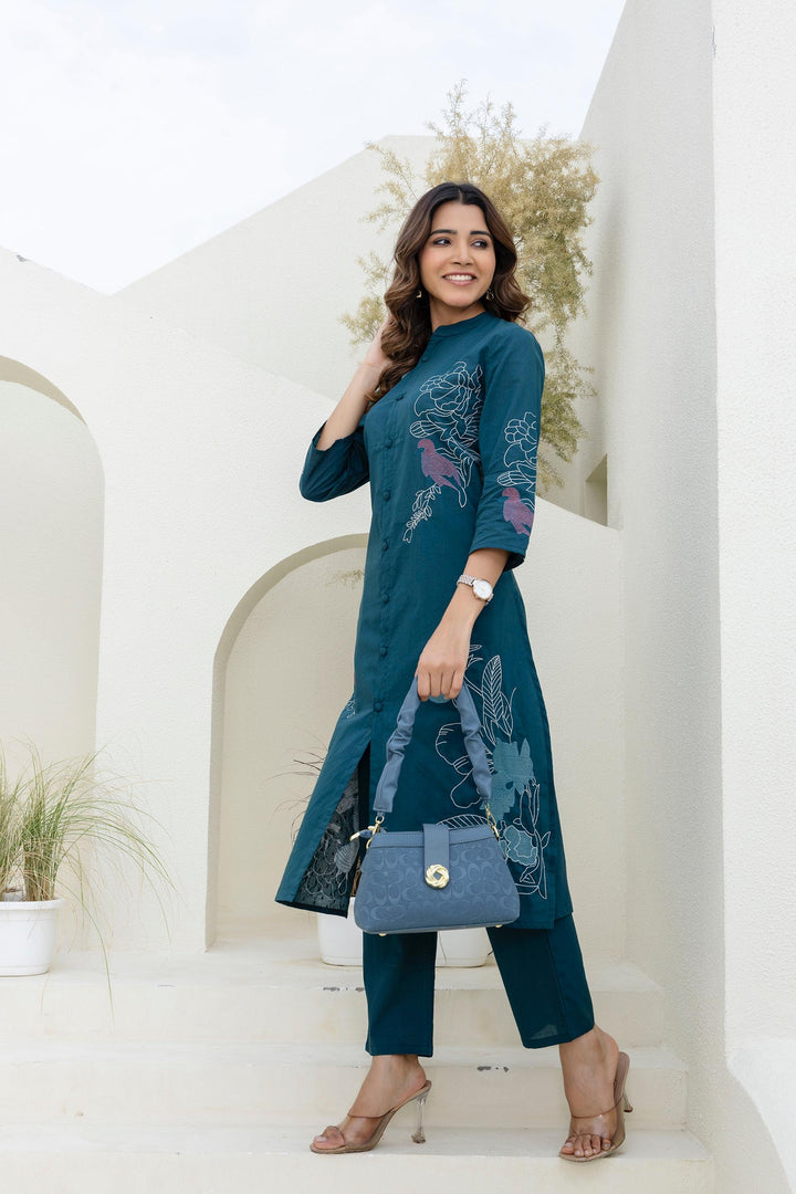 Mokabara Fern Embroidered Cotton Kurta Pant Set