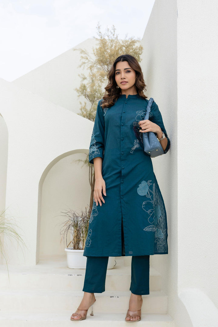 Mokabara Fern Embroidered Cotton Kurta Pant Set