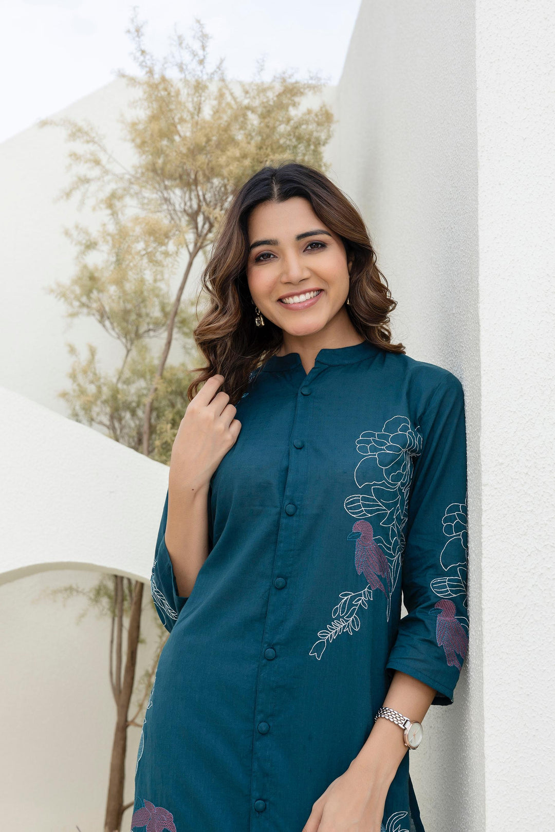 Mokabara Fern Embroidered Cotton Kurta Pant Set