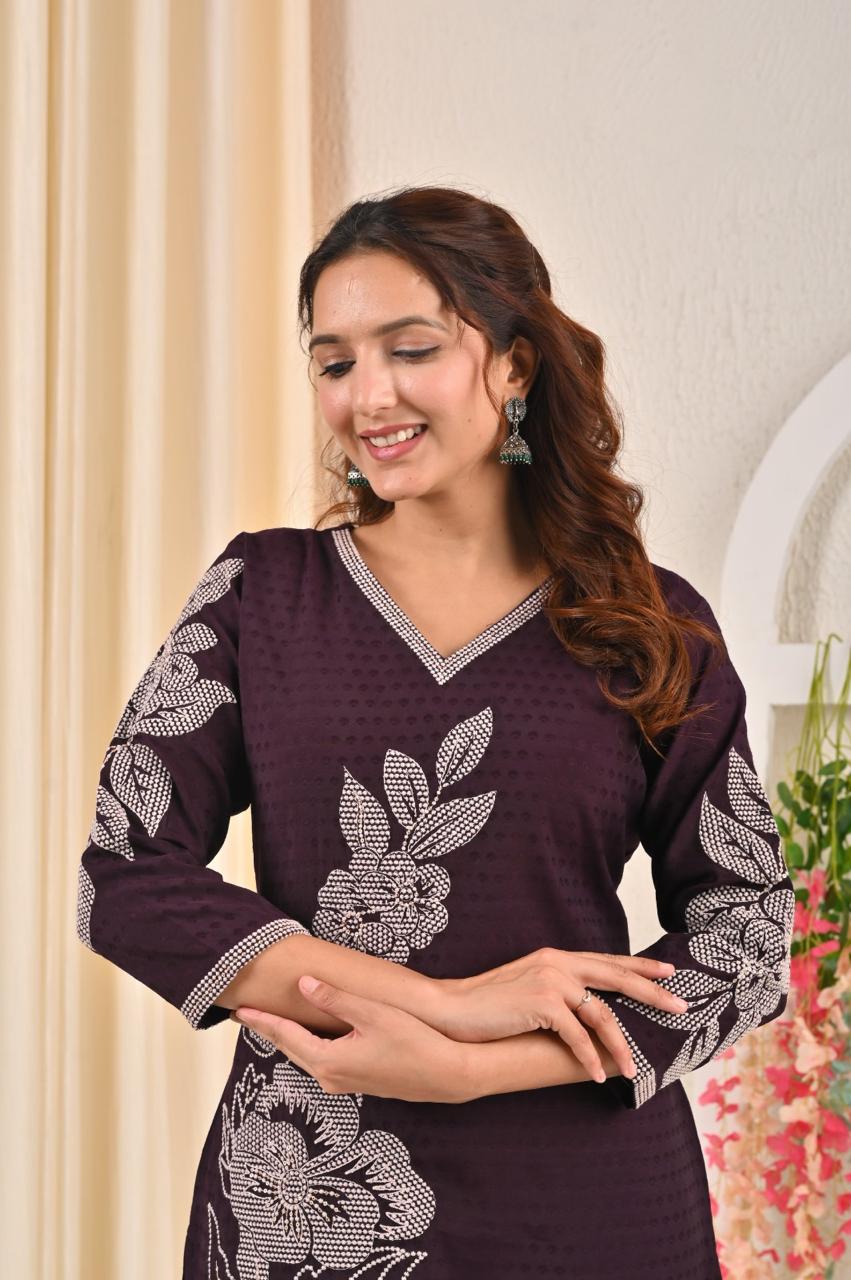 Sarvari Wine Embroidered Kurti