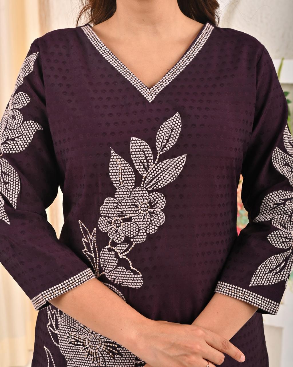 Sarvari Wine Embroidered Kurti