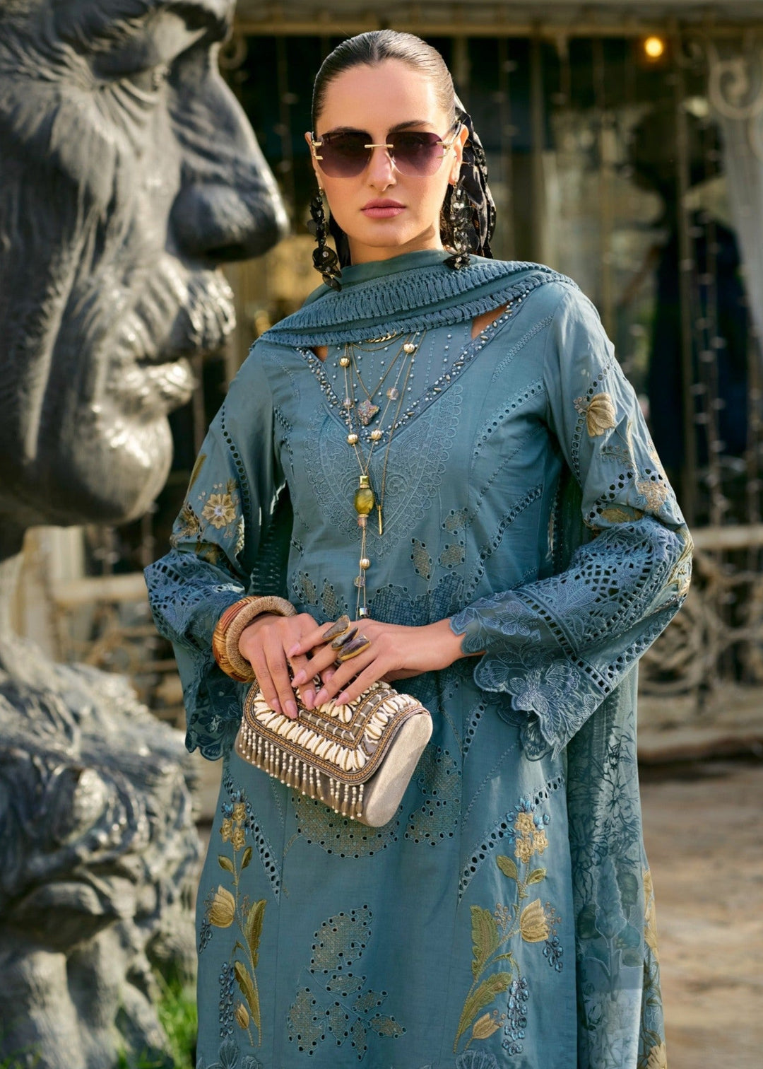 Ayat Teal Full Embroidery Cotton Suit Set