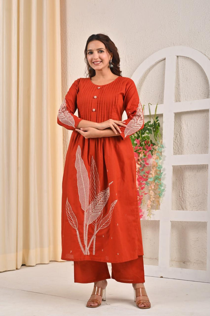 Sarvari Rust Embroidered Kurta Pant Set
