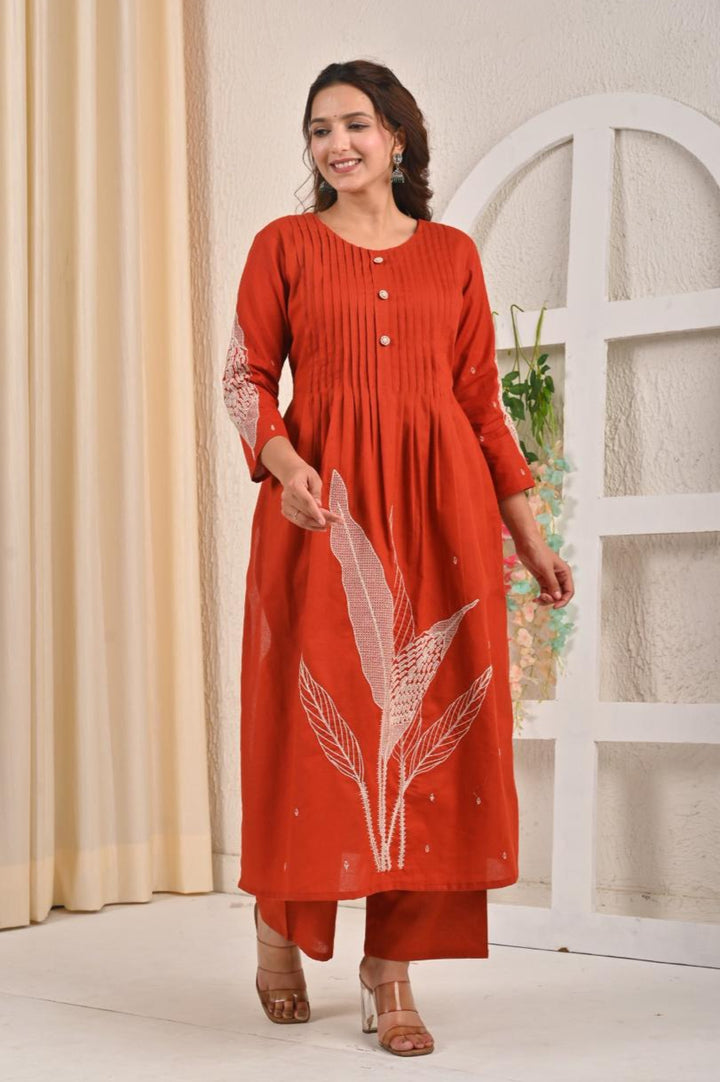 Sarvari Rust Embroidered Kurta Pant Set
