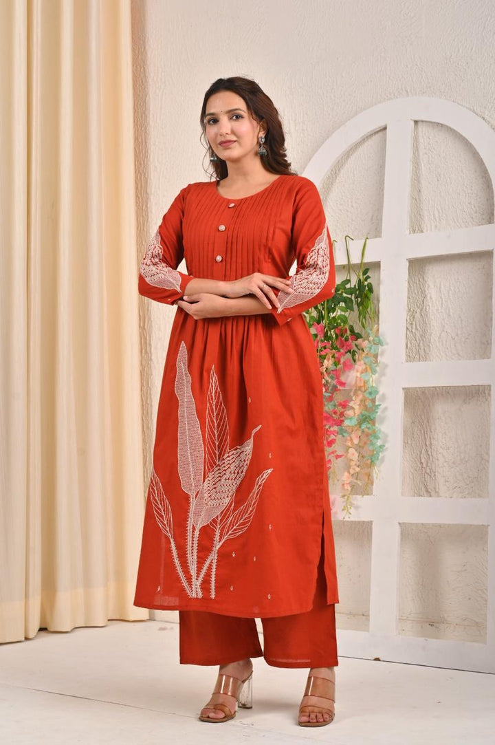 Sarvari Rust Embroidered Kurta Pant Set