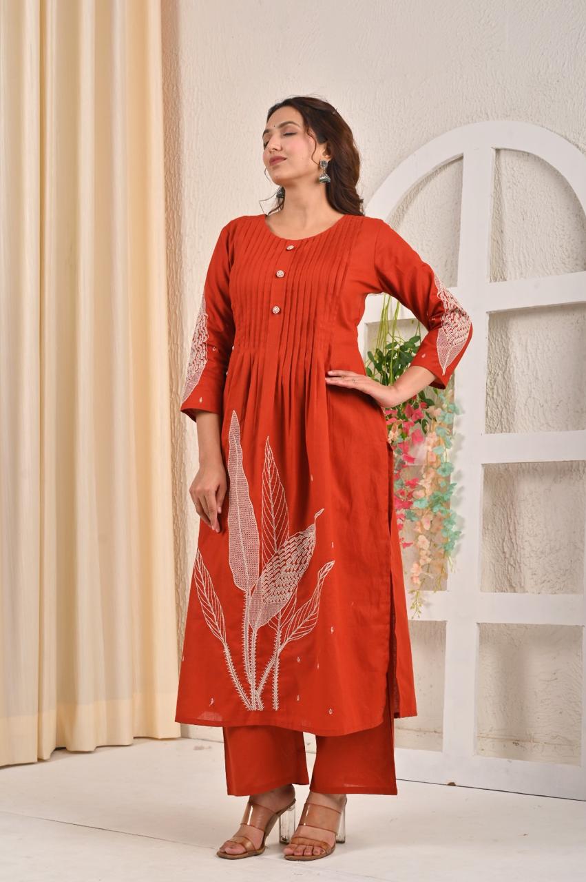 Sarvari Rust Embroidered Kurta Pant Set
