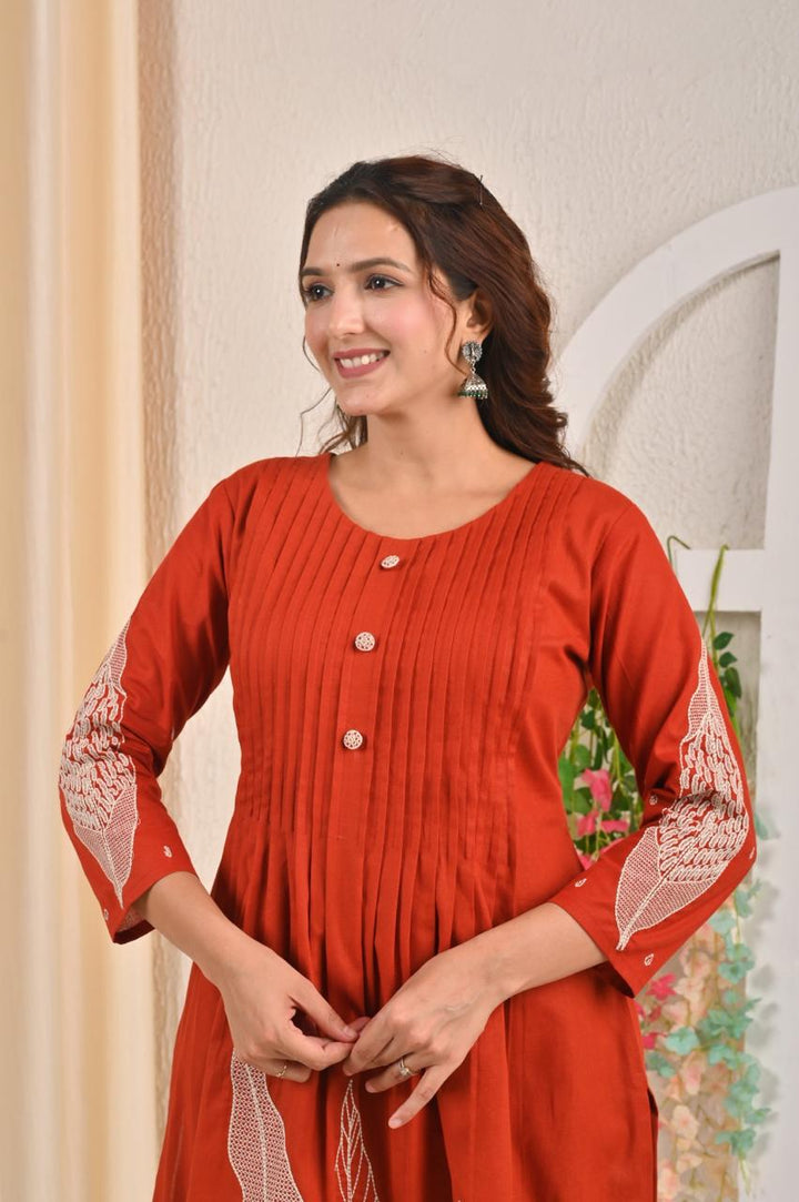 Sarvari Rust Embroidered Kurta Pant Set