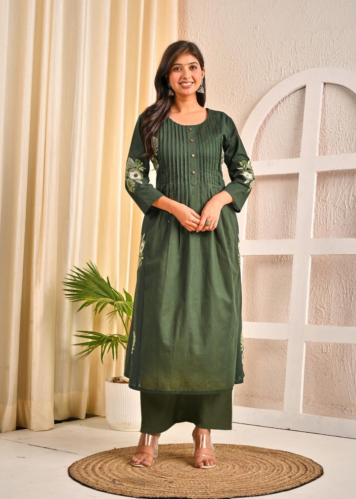 Sarvari Olive Embroidery Kurta Pant Set