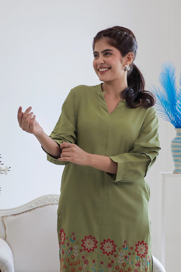 Viva forest embroidery cotton kurta pant set