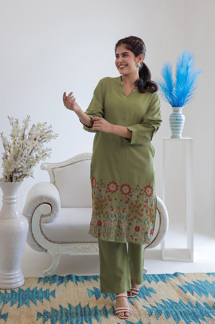 Viva forest embroidery cotton kurta pant set