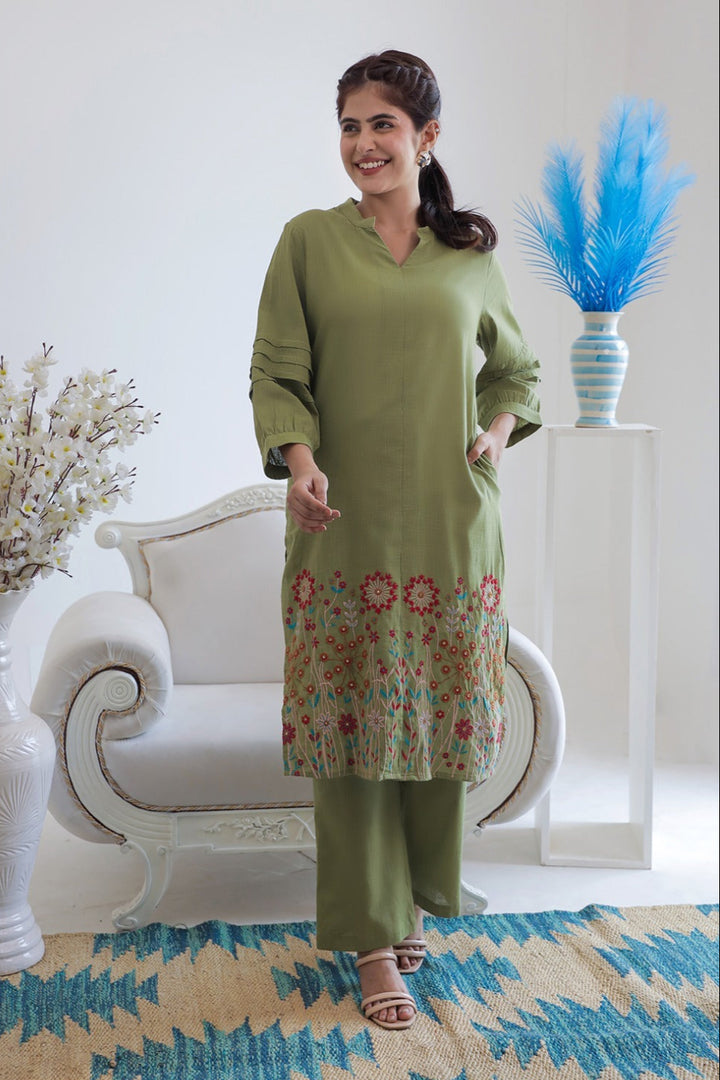 Viva forest embroidery cotton kurta pant set