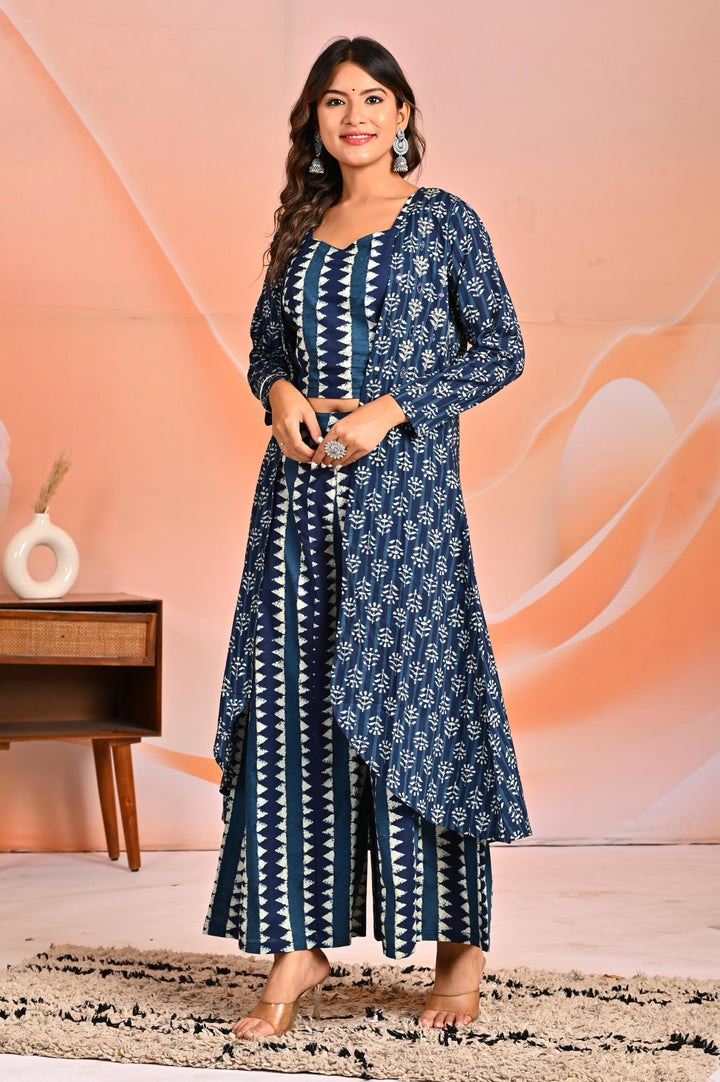 Mahua azure printed 3 pc fusion set