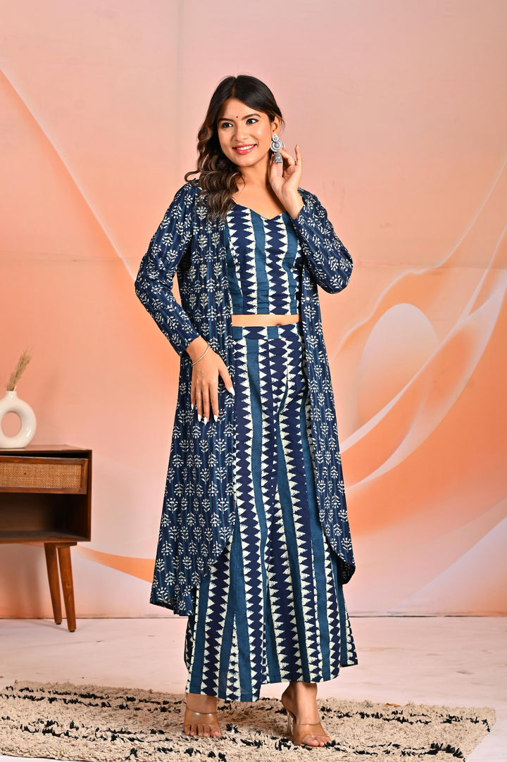 Mahua azure printed 3 pc fusion set