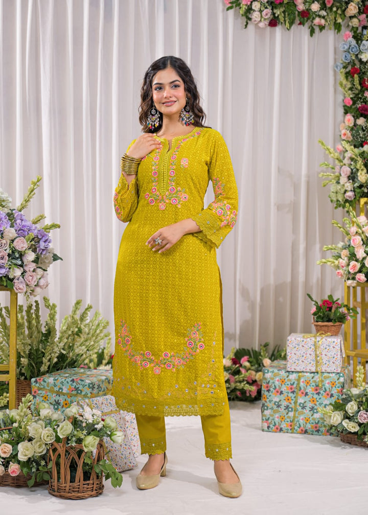 Sanmati canary cotton schiffli suit set