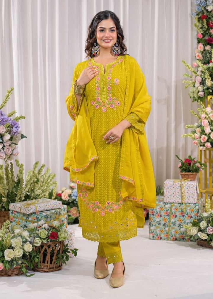 Sanmati canary cotton schiffli suit set