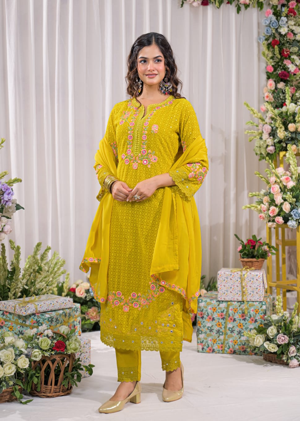 Sanmati canary cotton schiffli suit set