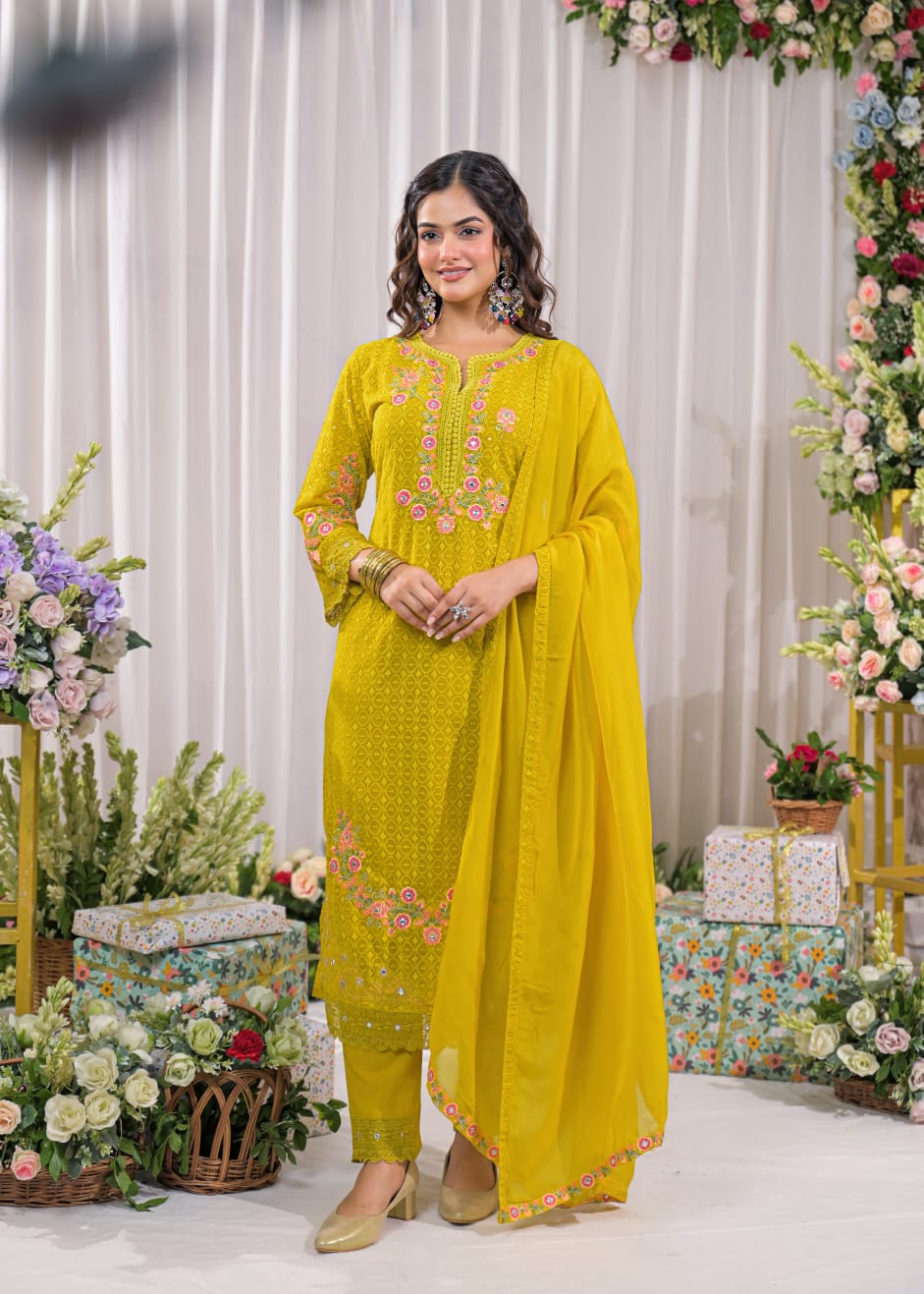 Sanmati canary cotton schiffli suit set