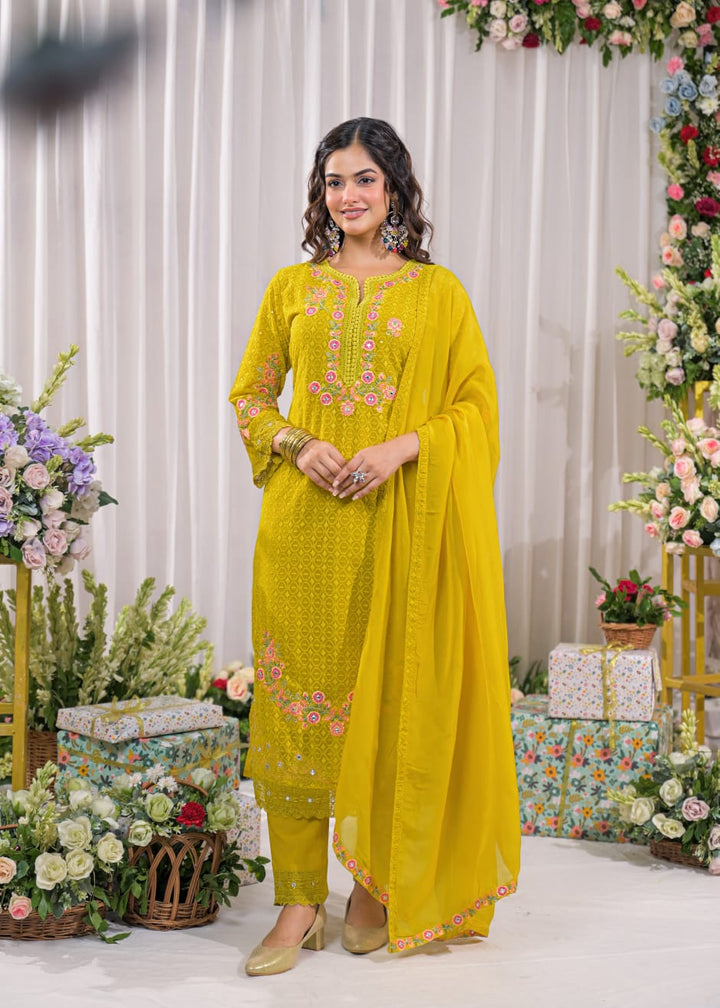 Sanmati canary cotton schiffli suit set