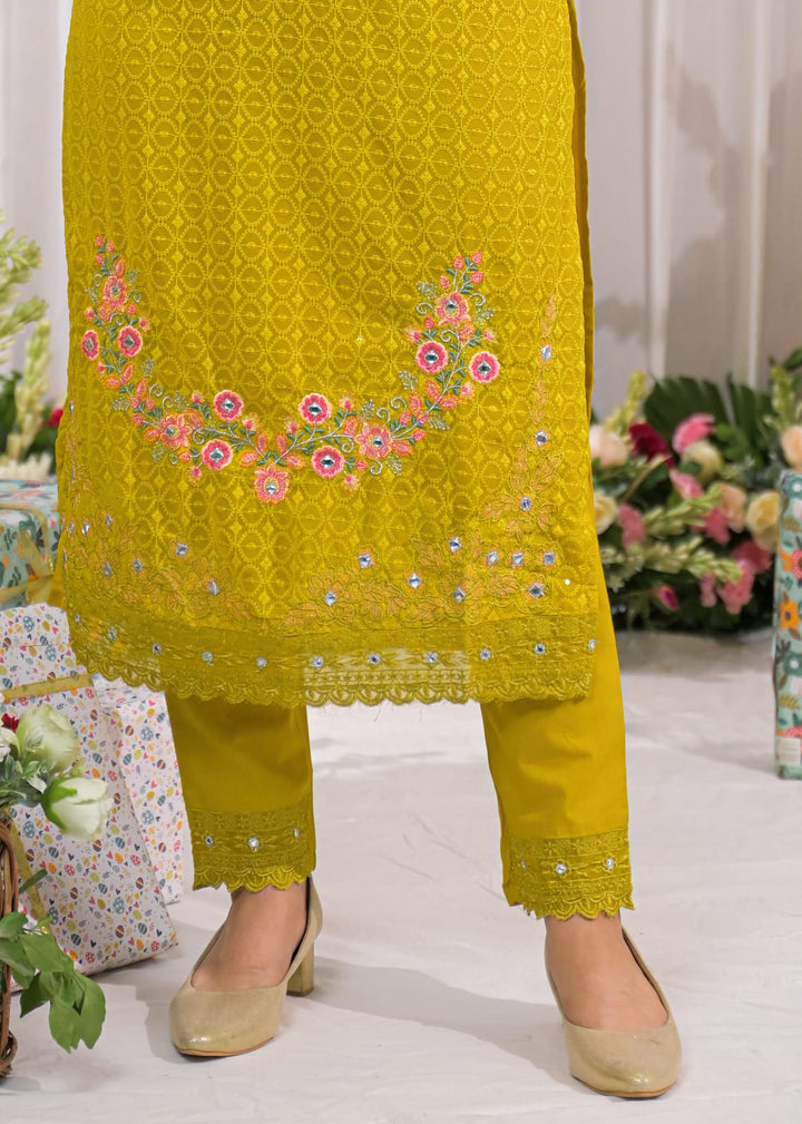 Sanmati canary cotton schiffli suit set