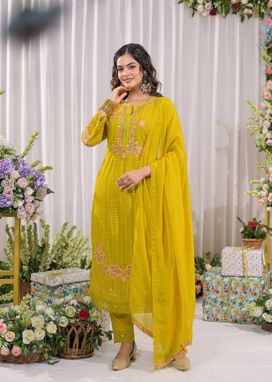 Sanmati canary cotton schiffli suit set