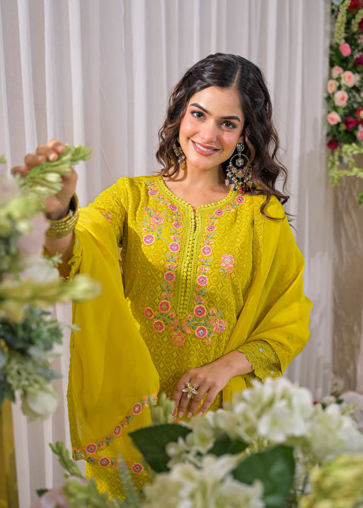 Sanmati canary cotton schiffli suit set