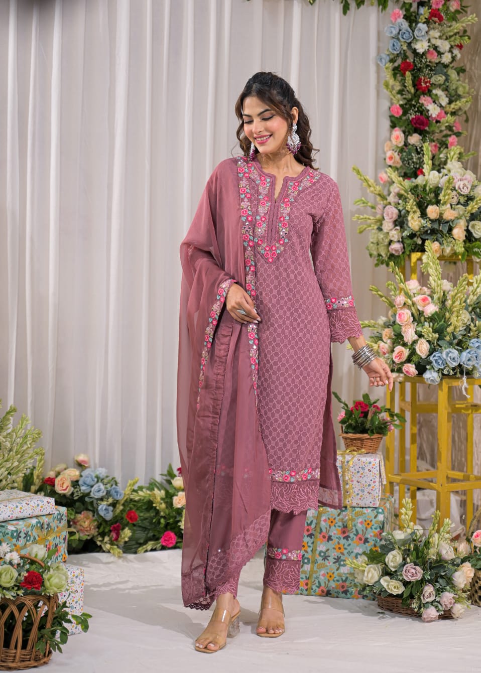 Sanmati cameo schiffli cotton suit set