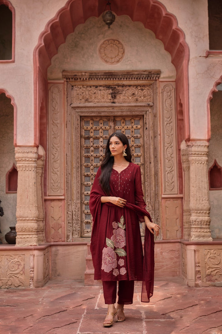 Gaurisha Bean embroidery mul chanderi premium suit set