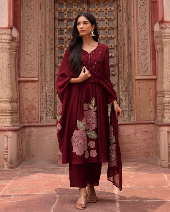 Gaurisha Bean embroidery mul chanderi premium suit set