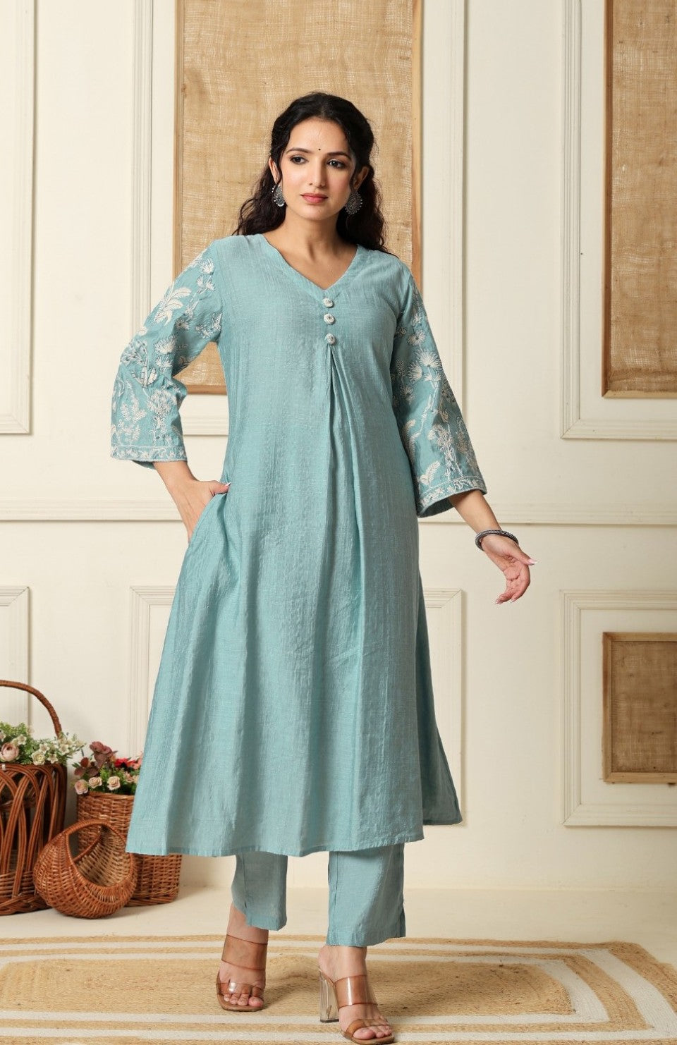 Sumaiya skyblue embroidery kurta pant set