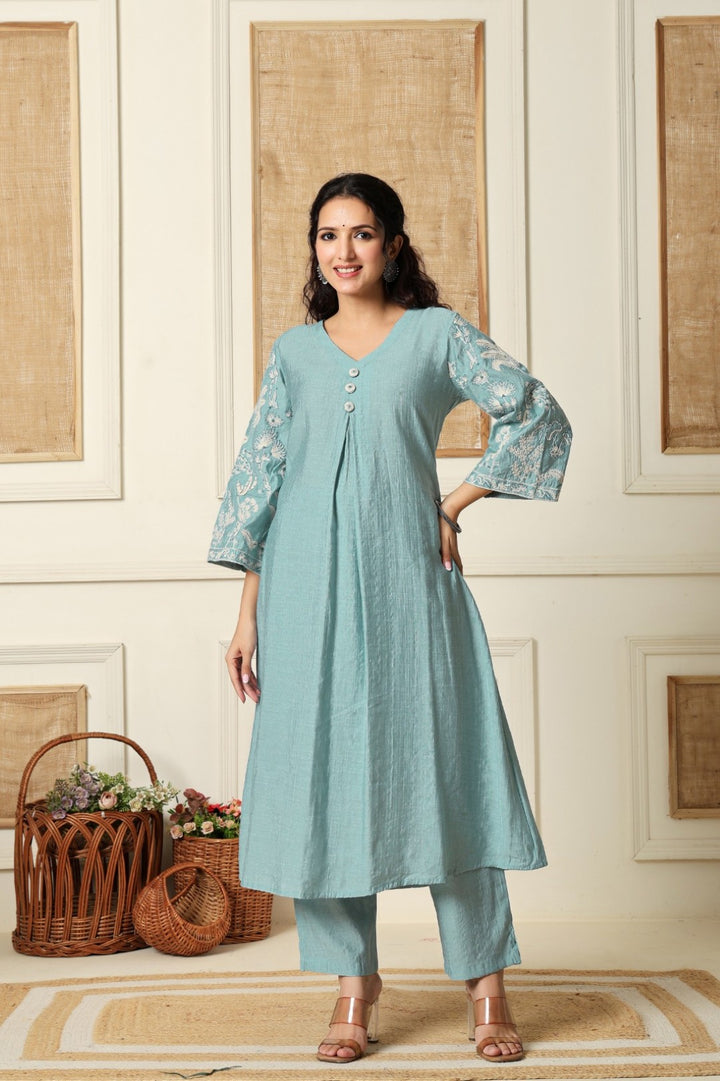 Sumaiya skyblue embroidery kurta pant set