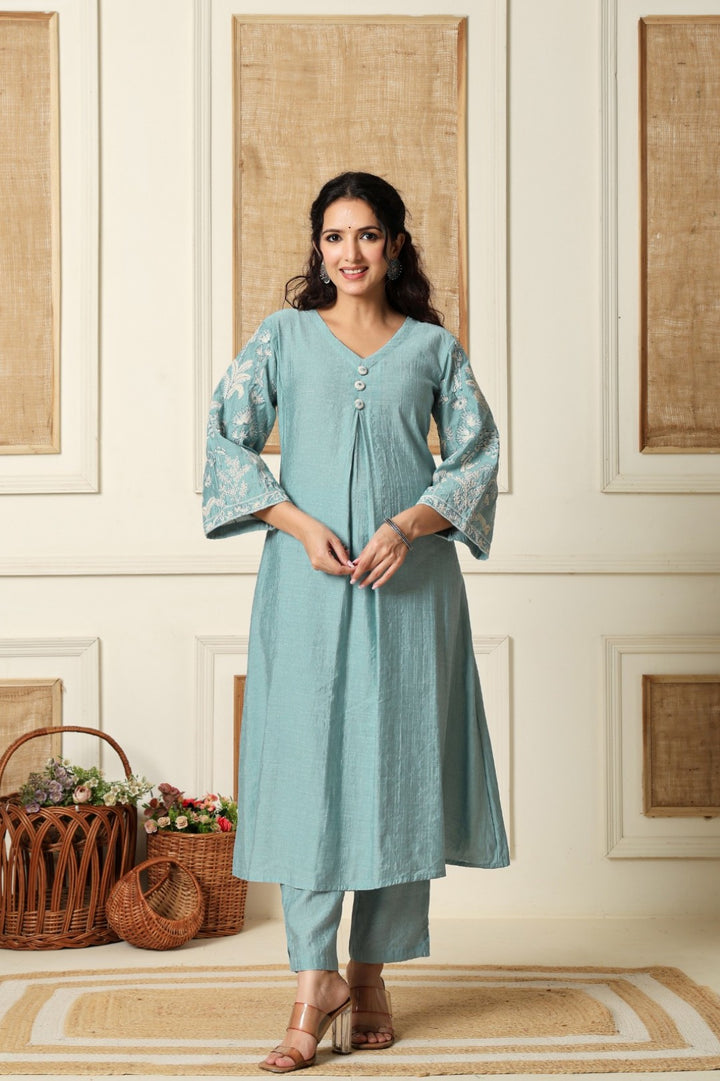 Sumaiya skyblue embroidery kurta pant set