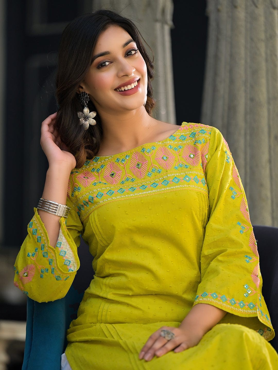 Nabha Citron Embroidered Kurti