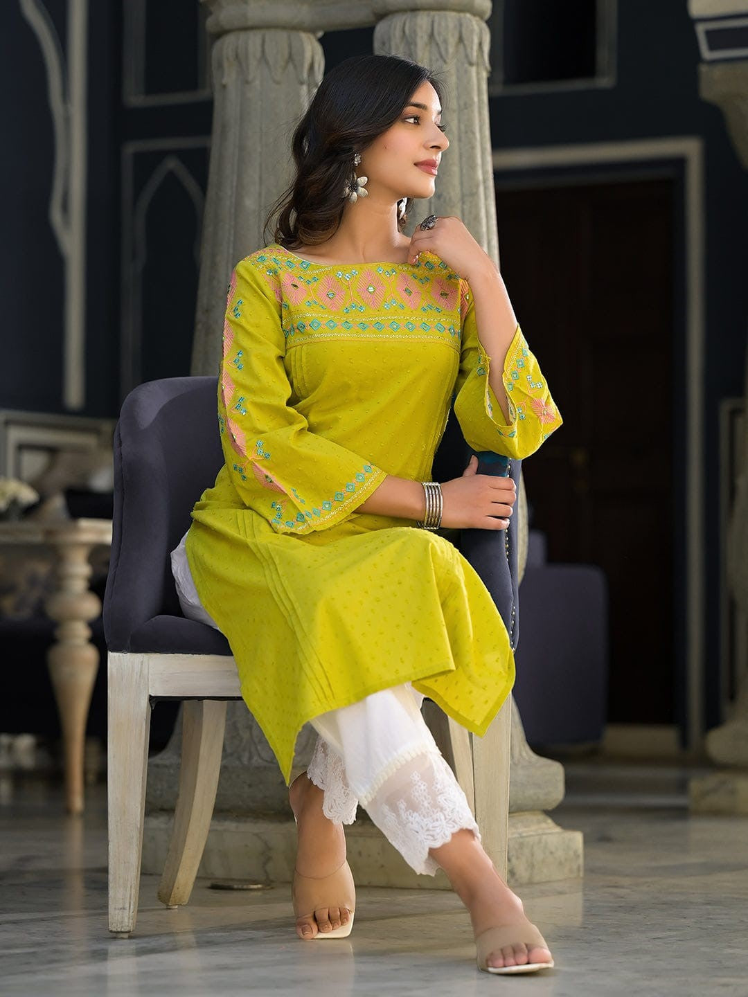 Nabha Citron Embroidered Kurti
