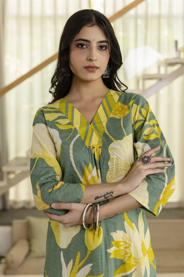 Mahua basil printed kurta pant set