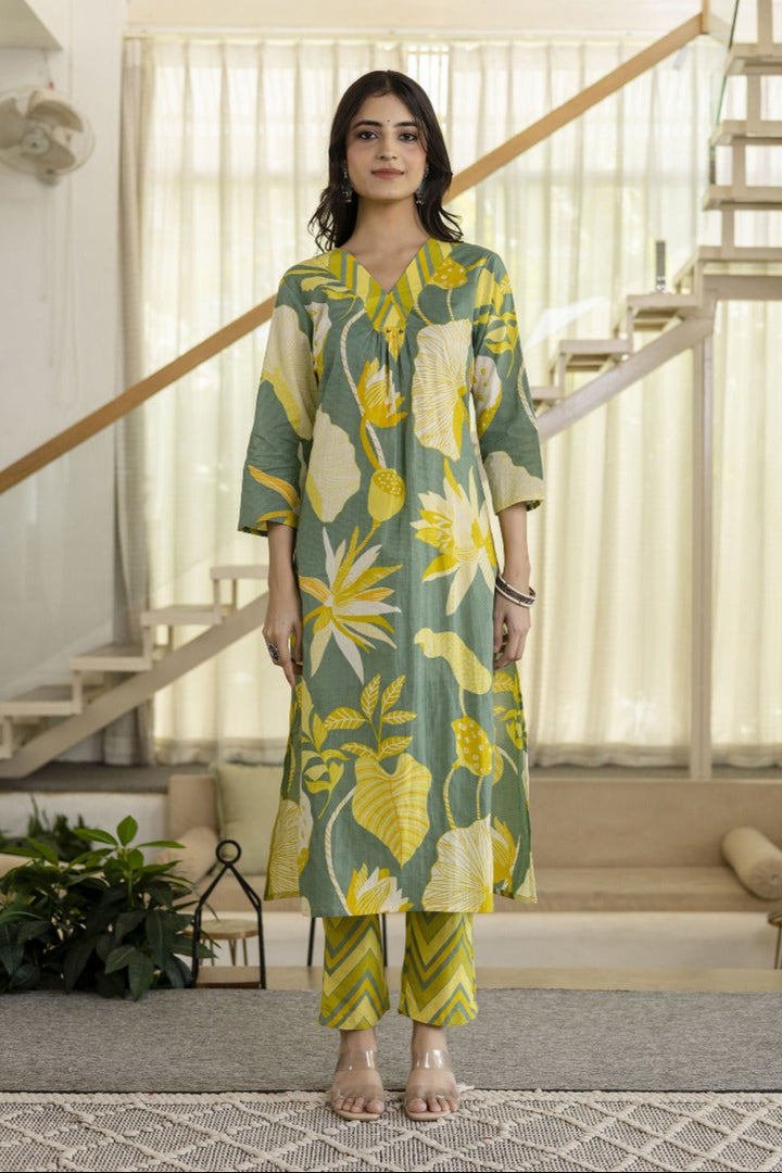Mahua basil printed kurta pant set