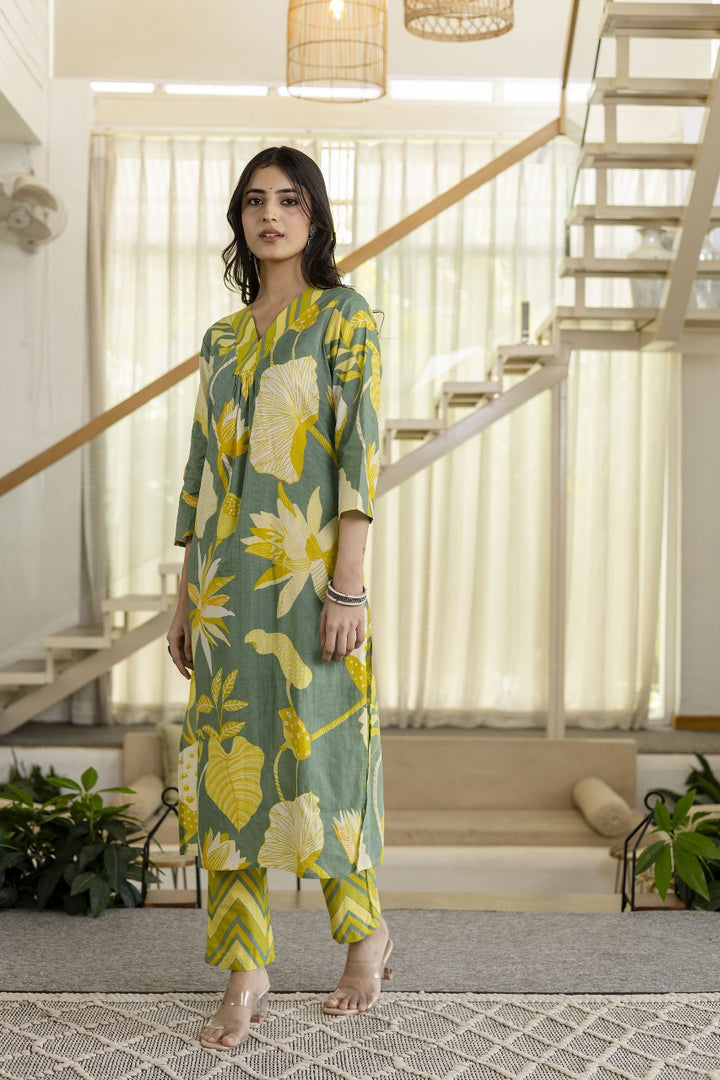 Mahua basil printed kurta pant set