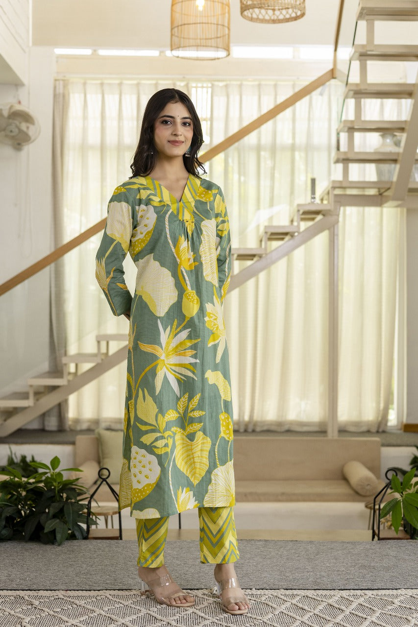Mahua basil printed kurta pant set