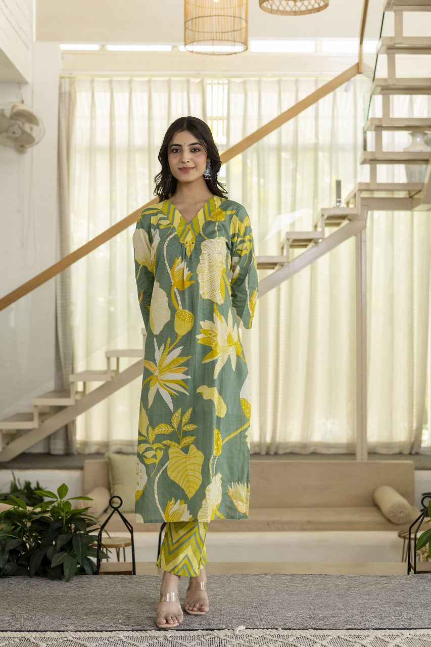 Mahua basil printed kurta pant set