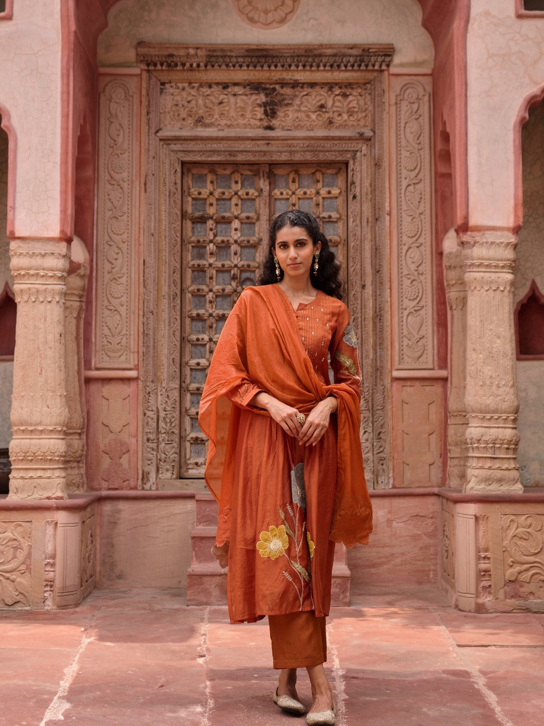 Gaurisha apricot mul chanderi embroidery suit set