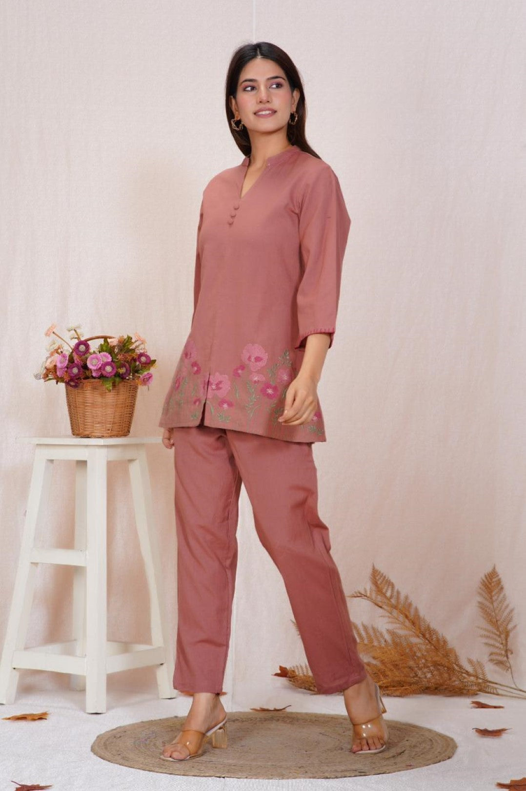 Mokabara puce embroidery cotton co-ord set