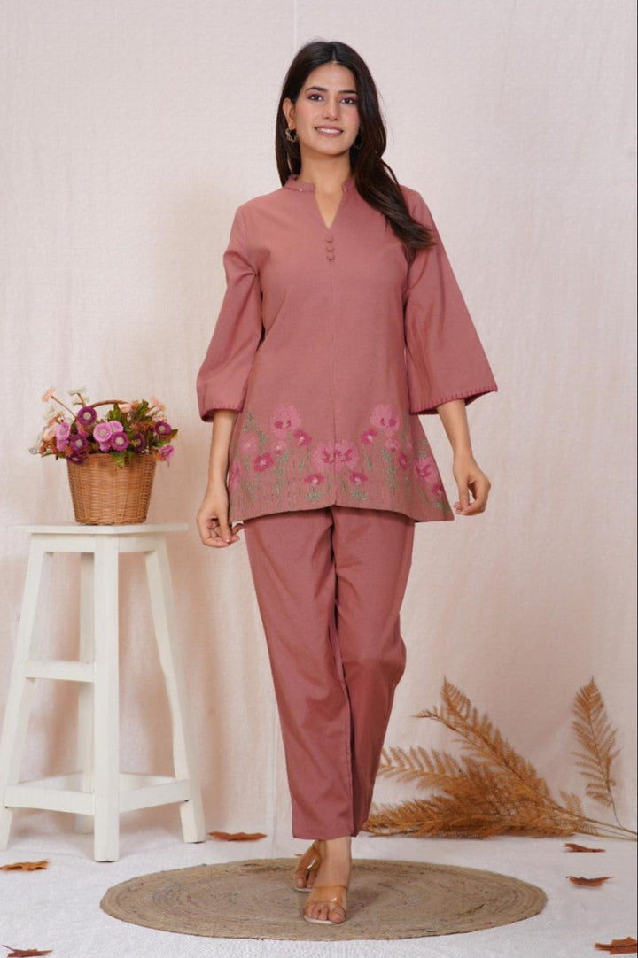 Mokabara puce embroidery cotton co-ord set