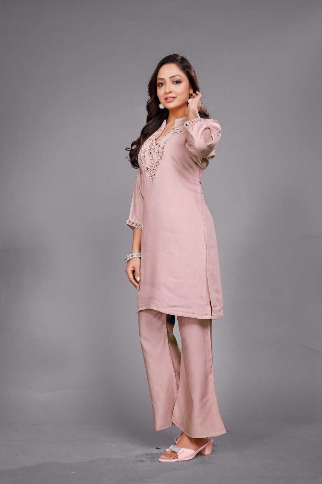 Divya salmon mirror work co-ord set
