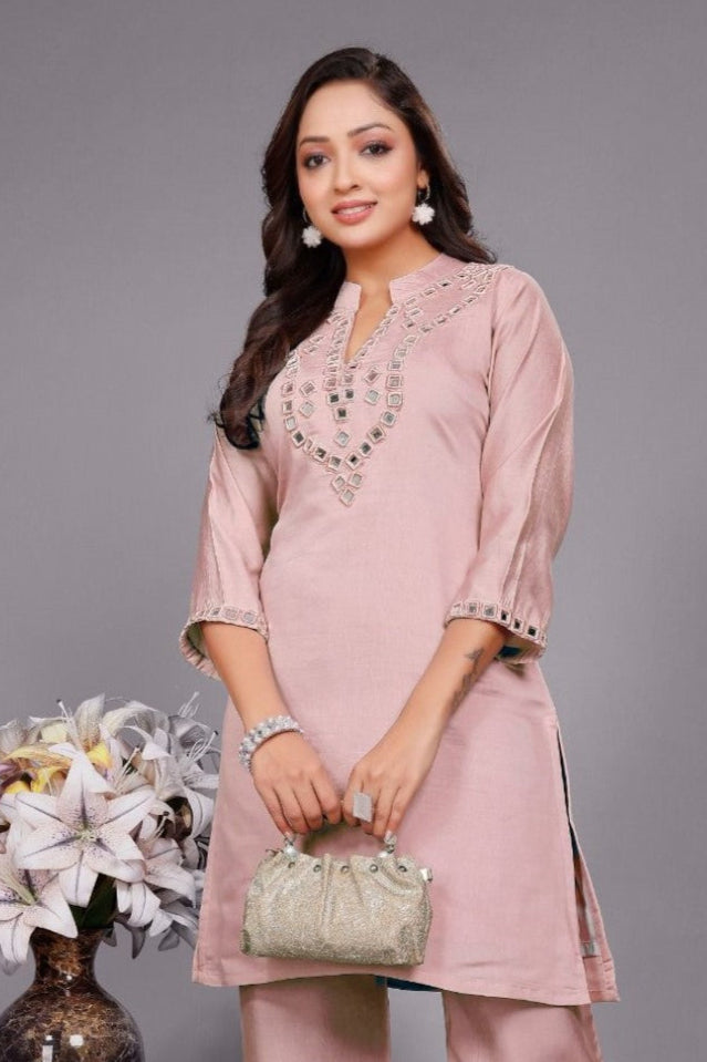 Divya salmon mirror work co-ord set