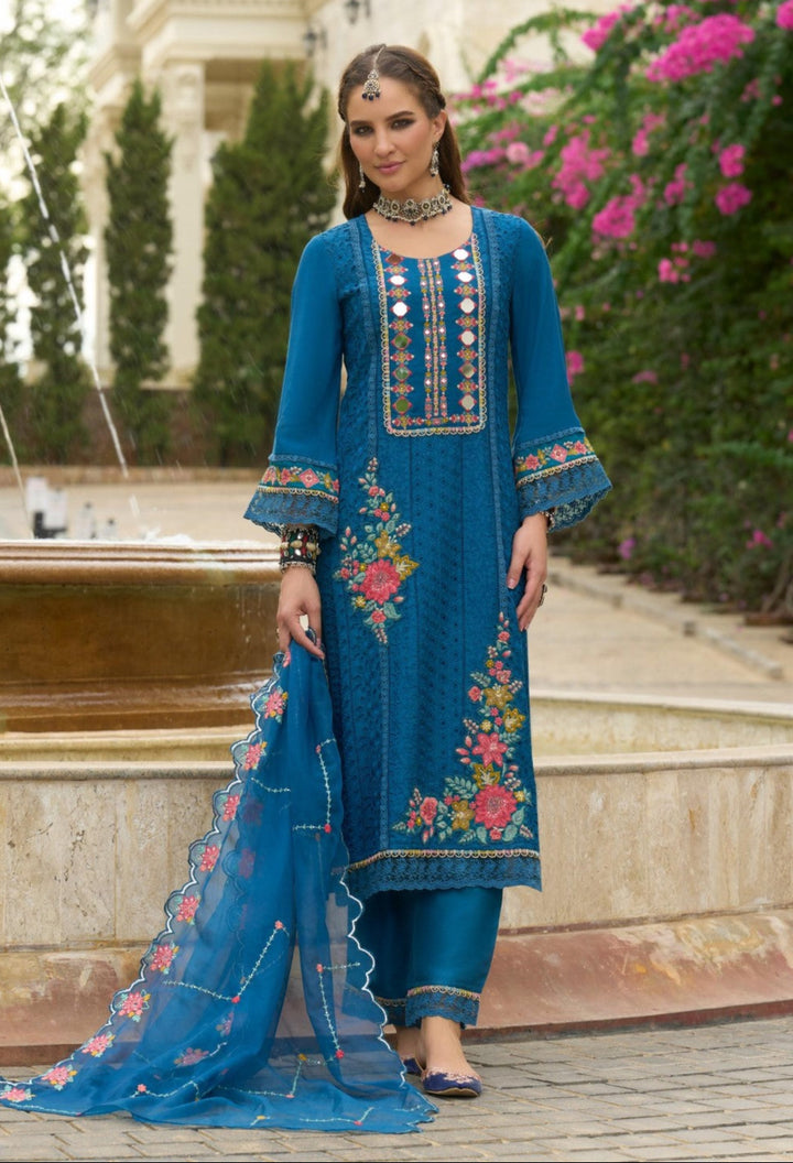 Chandrani Cobalt Schiffli Full Work Suit Set