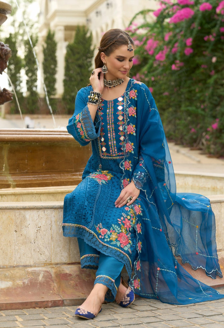 Chandrani Cobalt Schiffli Full Work Suit Set