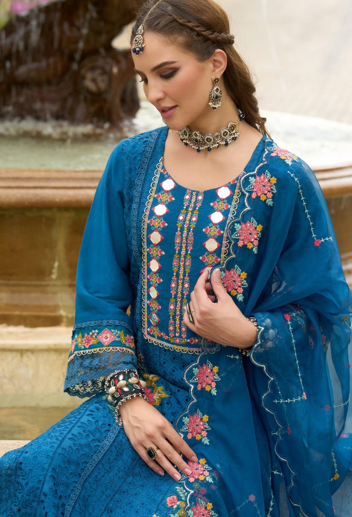 Chandrani Cobalt Schiffli Full Work Suit Set